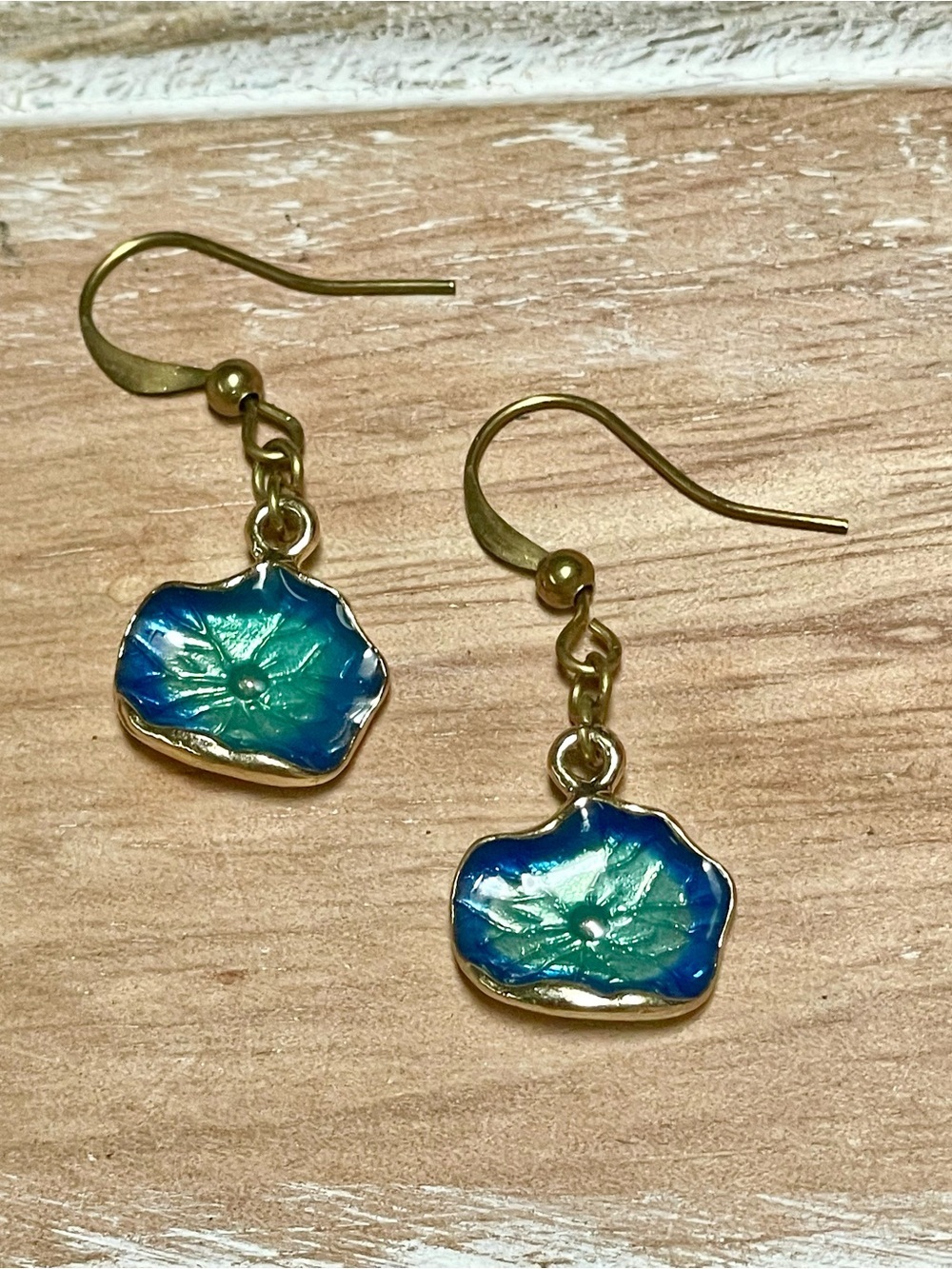 Gold-Tone Blue and Green Floral Enamel Dangle Earrings